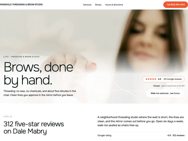 Marigold Threading & Brow Studio demo — white editorial design with thin type and a single orange accent