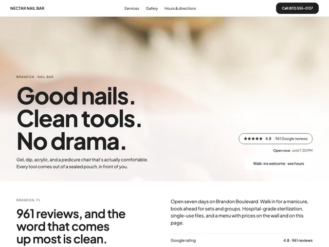 Nectar Nail Bar demo — white and honey-yellow nail salon with bold type